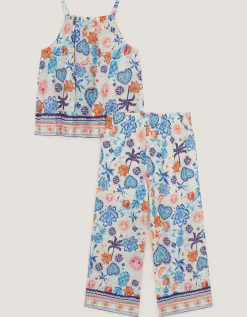 Summer Print Sleeveless Top & Trousers Set Cream