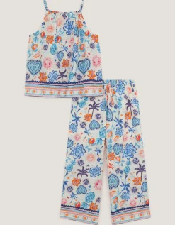 Summer Print Sleeveless Top & Trousers Set Cream