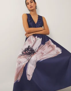 Sylvia V-Neck Floral Print Midi Dress Blue