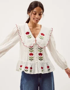 Talia Tulip Embroidered Scallop Collar Top White