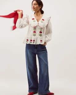 Talia Tulip Embroidered Scallop Collar Top White