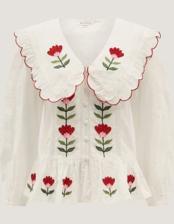 Talia Tulip Embroidered Scallop Collar Top White