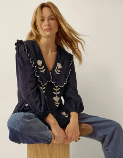 Talia Tulip Embroidered Scallop Collar Top Blue