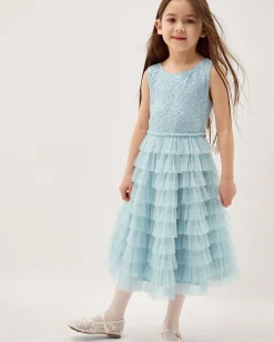 Taylor Sequin Lace Tiered Party Dress Blue