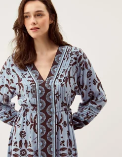 Thalia Palm Print Midi Dress Blue