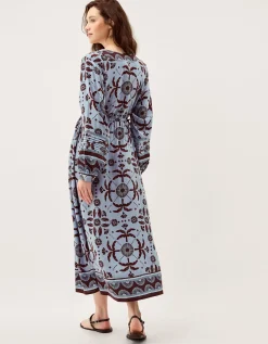 Thalia Palm Print Midi Dress Blue
