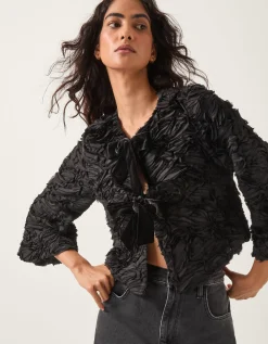 Tia Tie-Front Textured Jersey Jacket Black