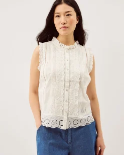 Trish Sleeveless Broderie Frill Top Ivory