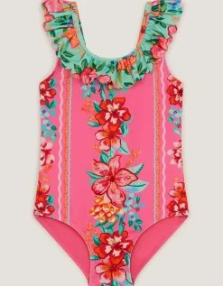 Tropical Floral Frill Swimsuit Pink