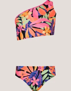 Tropical Floral One-Shoulder Bikini Set Black