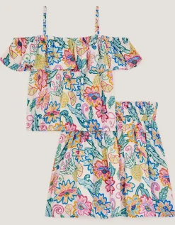 Tropical Floral Strappy Top & Skirt Set Ivory
