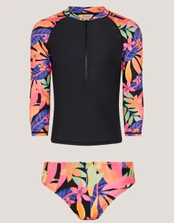 Tropical Floral UPF50+ Rash Vest Swim Set Black