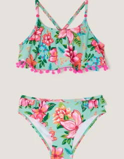 Tropical Flower Frill Bikini Swim Set Blue