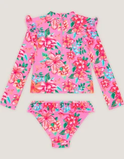 Tropical Flower Print UPF50+ Long Sleeve Swim Set Pink