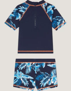 Tropical Print Rash Vest & Swim Shorts Blue
