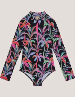 Tropical UPF50+ Long Sleeve Swimsuit Black