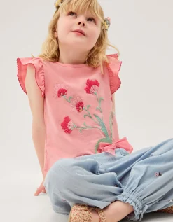 Tulip Embroidered Bow T-Shirt Pink