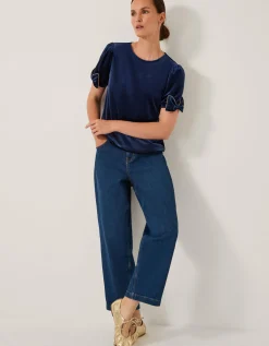 Vita Bow Sleeve Velvet T-Shirt Blue
