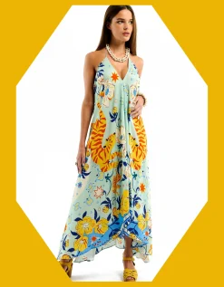 Wild Voila Tiger Print Backless Maxi Dress Blue