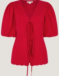 Willa Puff Sleeve Tie Front Top Red
