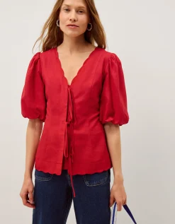 Willa Puff Sleeve Tie Front Top Red