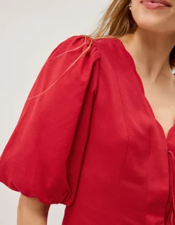 Willa Puff Sleeve Tie Front Top Red