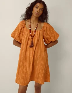 Yara Puff Sleeve Stripe Mini Dress Tan
