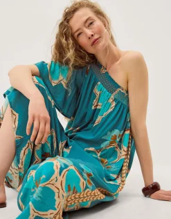 Yasmin One-Shoulder Floral Jumpsuit Teal