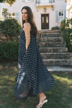 Yaz Sleeveless Polka Dot Midi Dress Blue
