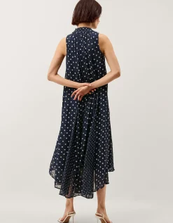 Yaz Sleeveless Polka Dot Midi Dress Blue