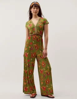 Zainab Floral Jersey Wide Leg Jumpsuit Green