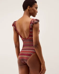 Zaria Plunge Knit Ruffle Swimsuit Red