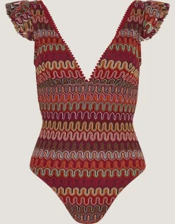 Zaria Plunge Knit Ruffle Swimsuit Red