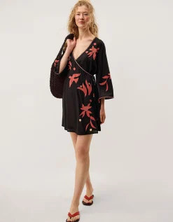 Zora Embroidered Mini Wrap Dress Black