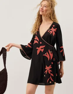 Zora Embroidered Mini Wrap Dress Black